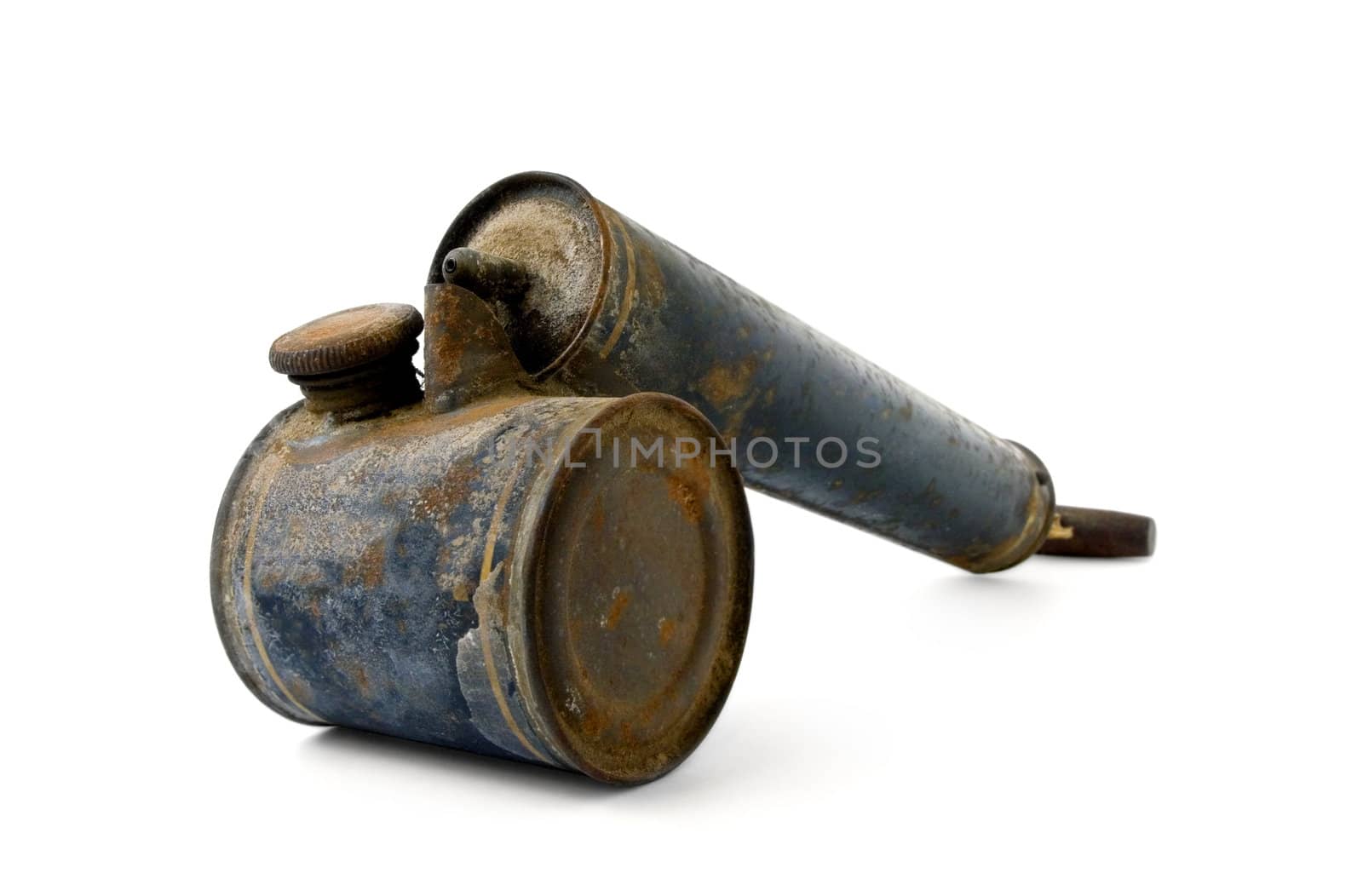 old rusty insecticide spray on white background