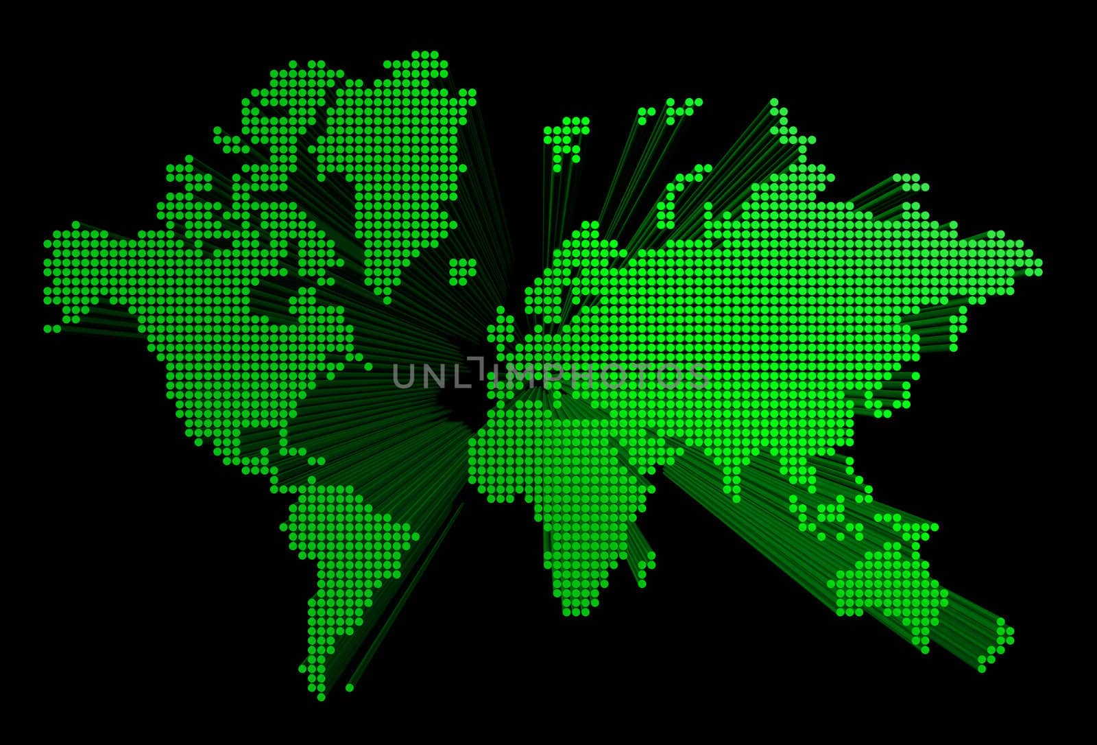 three dimensional green spotted world map isolated on black background