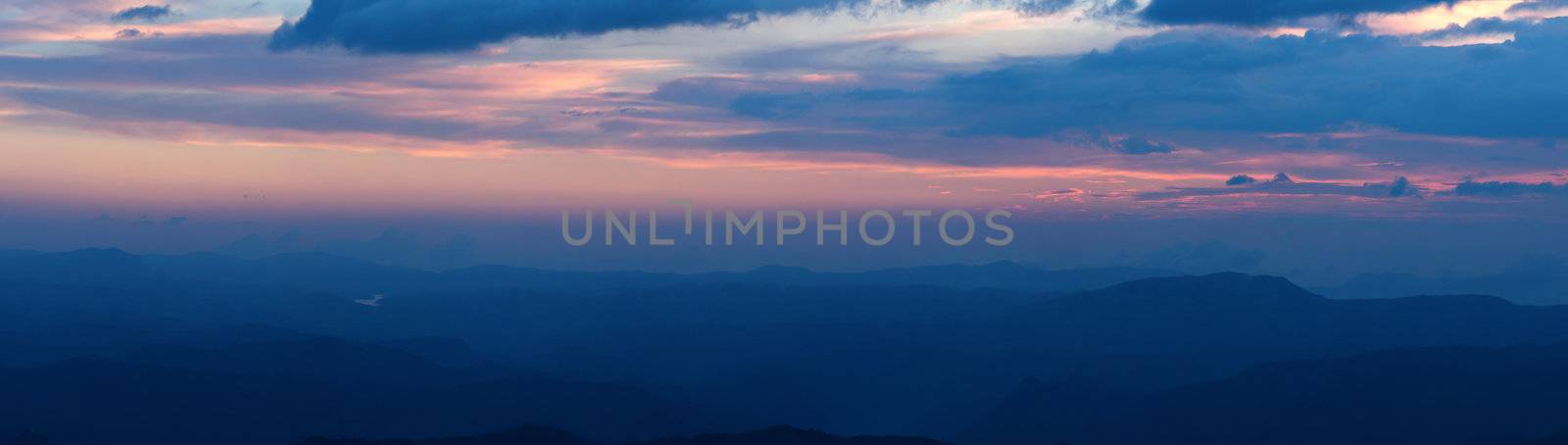 Panorama of sunset in mountains. Munnar, Kerala, India