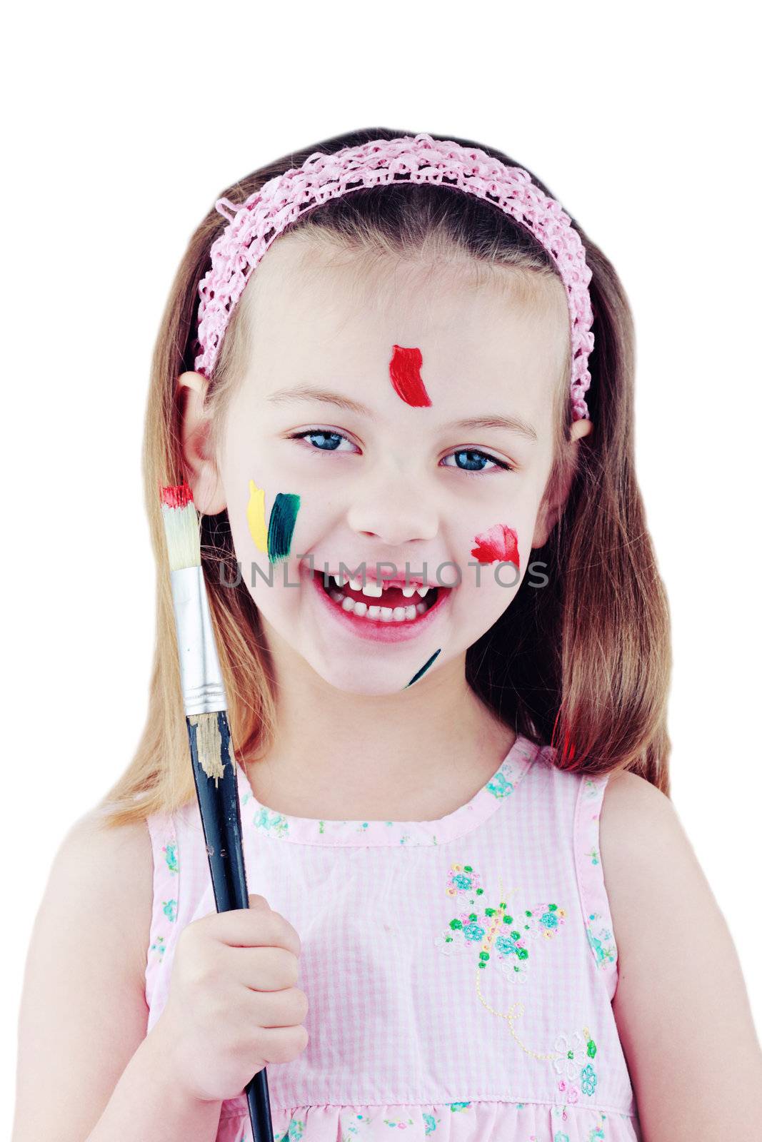 Child with paint brush covered in paint and isolated on white. 