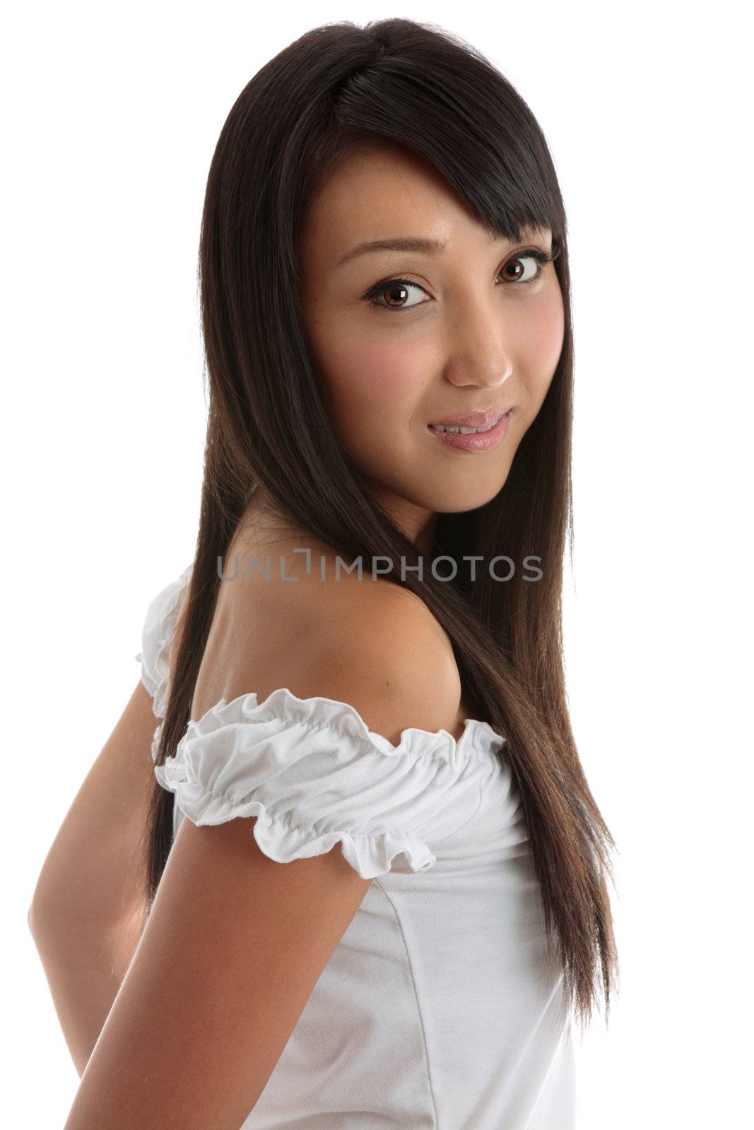 Beautiful young woman with long hair looking around and smiling. Pretty mixed race asian caucasian girl student. White background. 

Model Jessica Elms (n.b. model is new and would like to build up some tearsheets of images in use, if you use her image and are able to forward a proof or final layout or weblink, please contact me) Makeup by Hanae Satomura, Hair by Kayla Cifelli