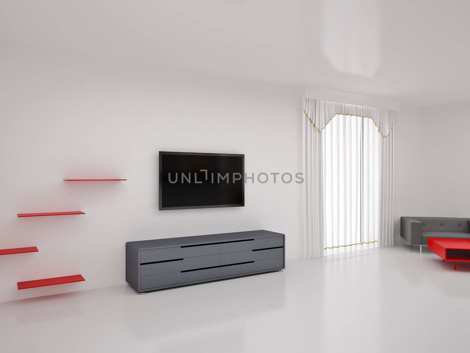 Modern TV in room. Interior of the modern room. High resolution image. 3d rendered illustration.