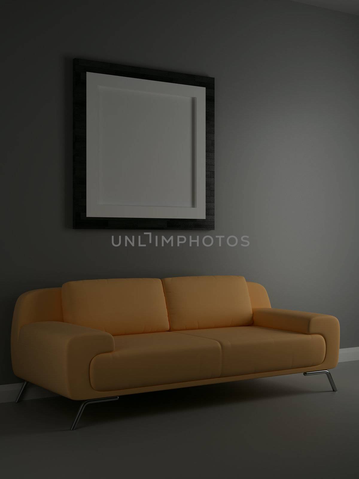 Sofa and painting in the room. High resolution image. 3d rendered illustration.