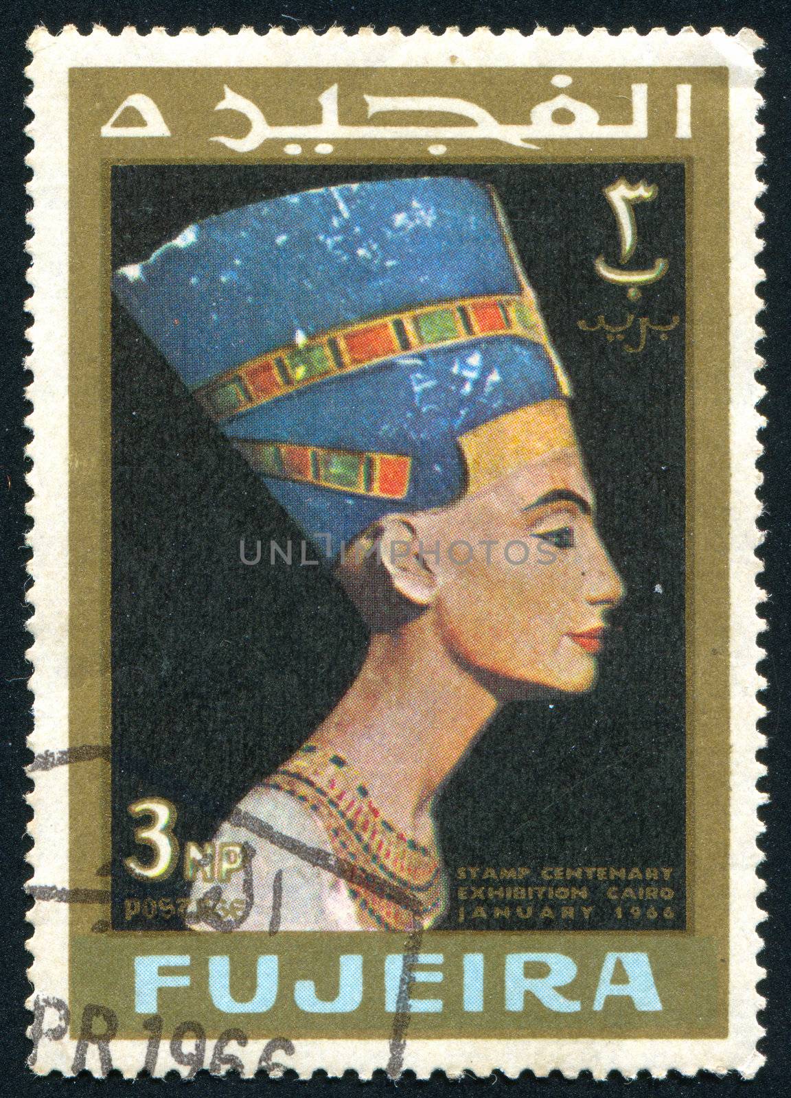 FUJEIRA - CIRCA 1966: stamp printed by Fujeira, shows Head staue of egyptian queen Cleopatra. , circa 1966