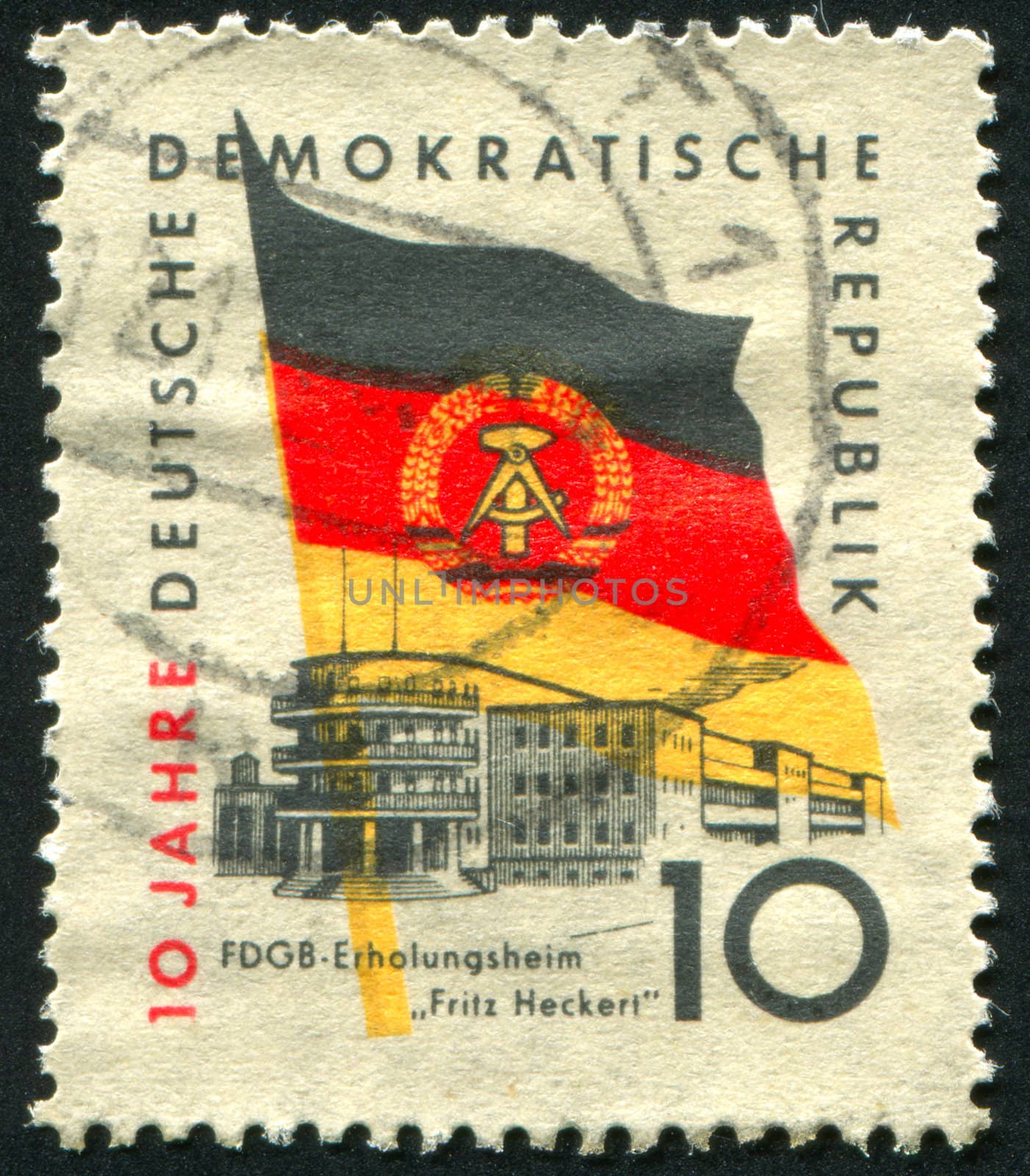GERMANY - CIRCA 1959: stamp printed by Germany, shows Flag and building, circa 1959
