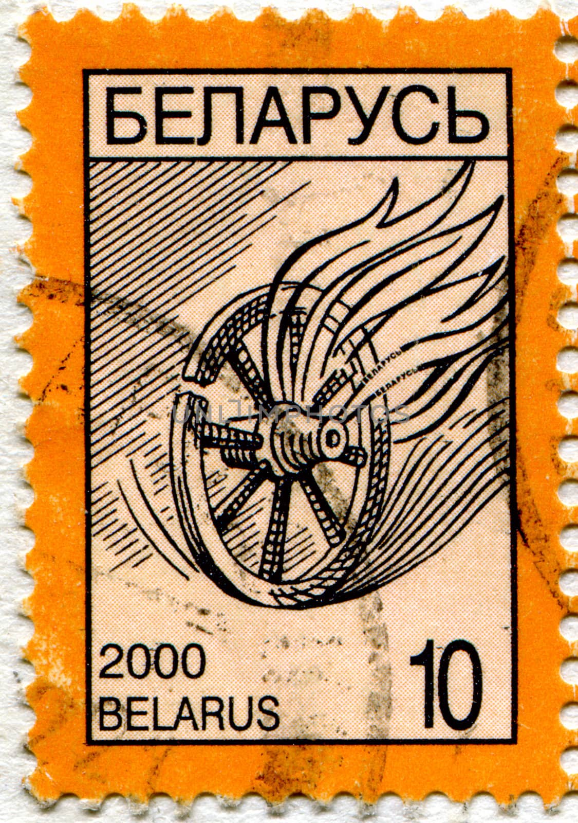 BELARUS - CIRCA 2000: stamp printed by Belarus, shows vintage wheel, circa 2000.