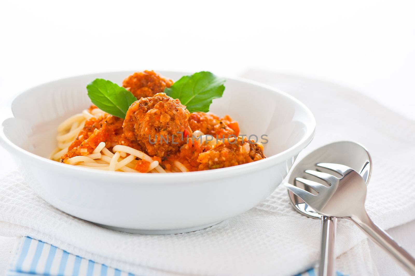 Original Italian spaghetti with meatballs in tomato sauce