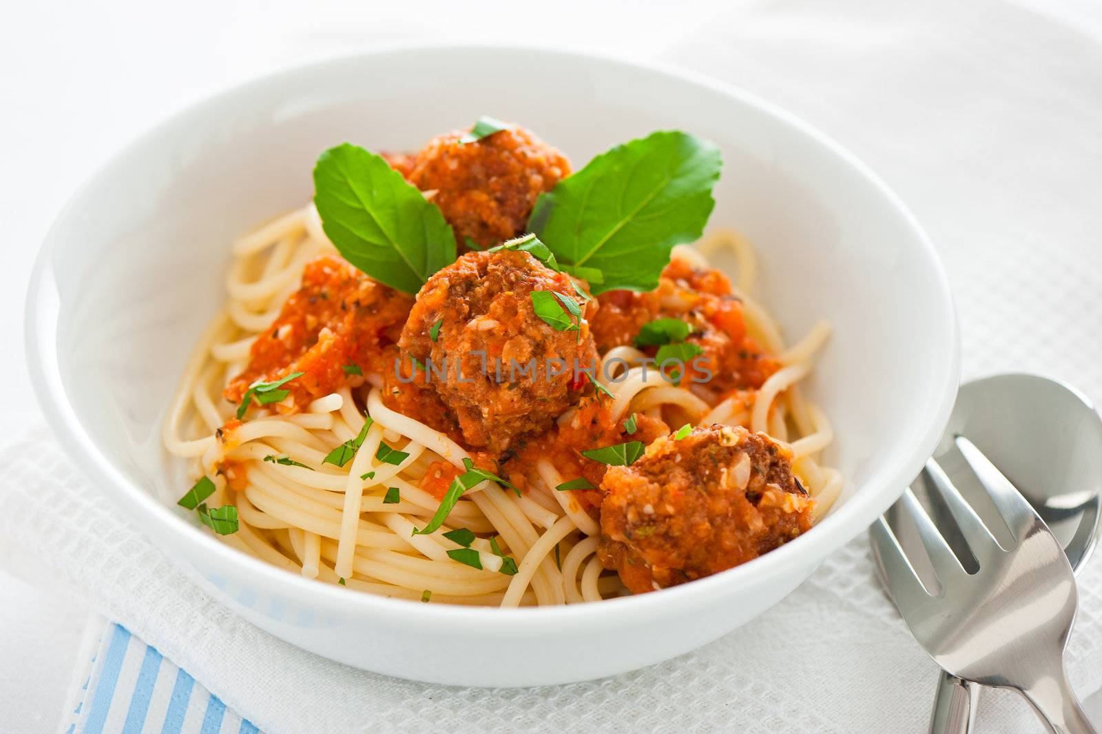 Original Italian spaghetti with meatballs in tomato sauce