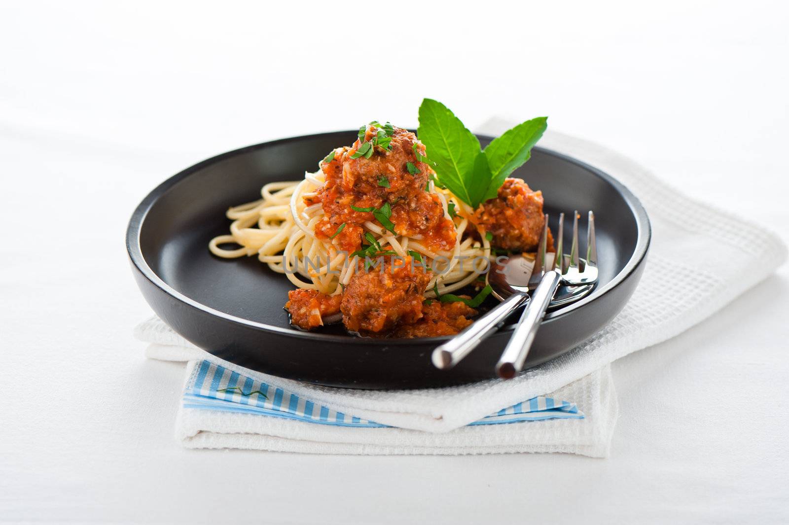 Original Italian spaghetti with meatballs in tomato sauce