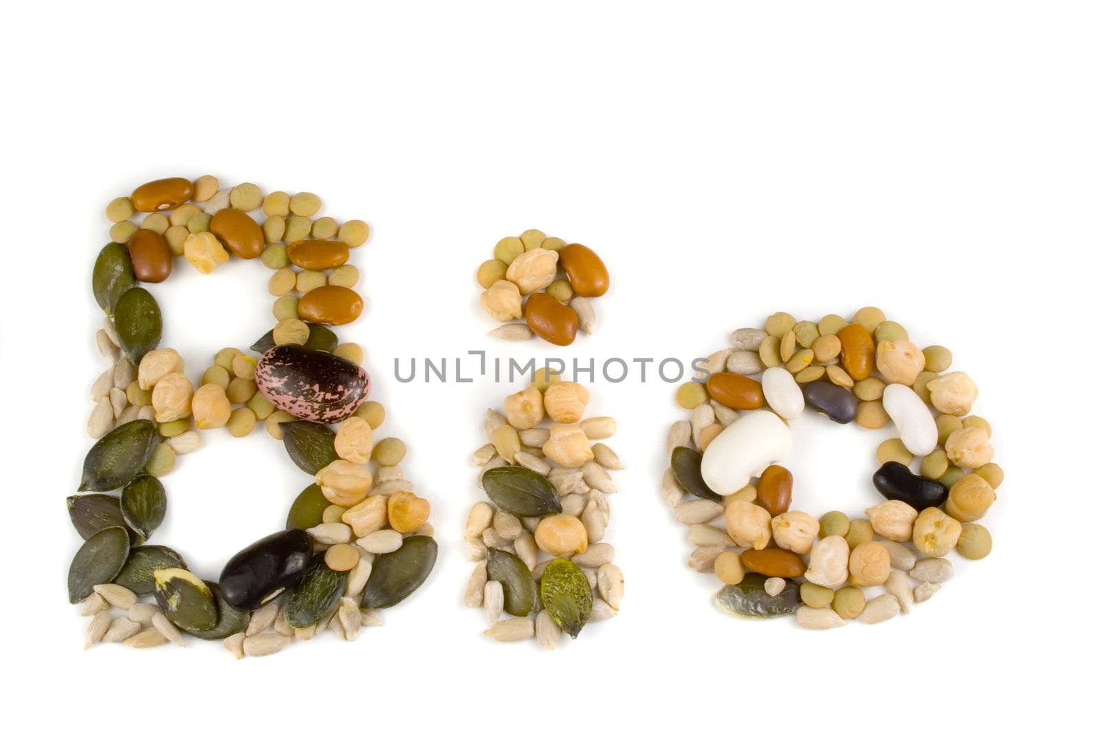 BIO made from various seeds on white background