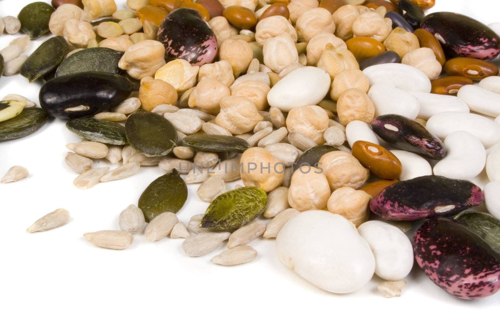 Various bio seeds on white background