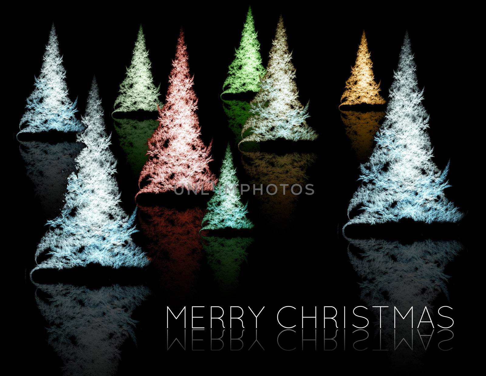 Fractal Christmas trees on black background with reflections