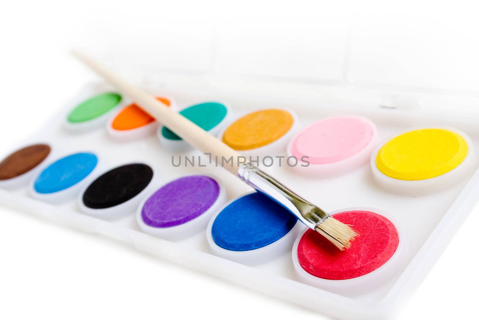 Water Paints with a paintbrush on a white background