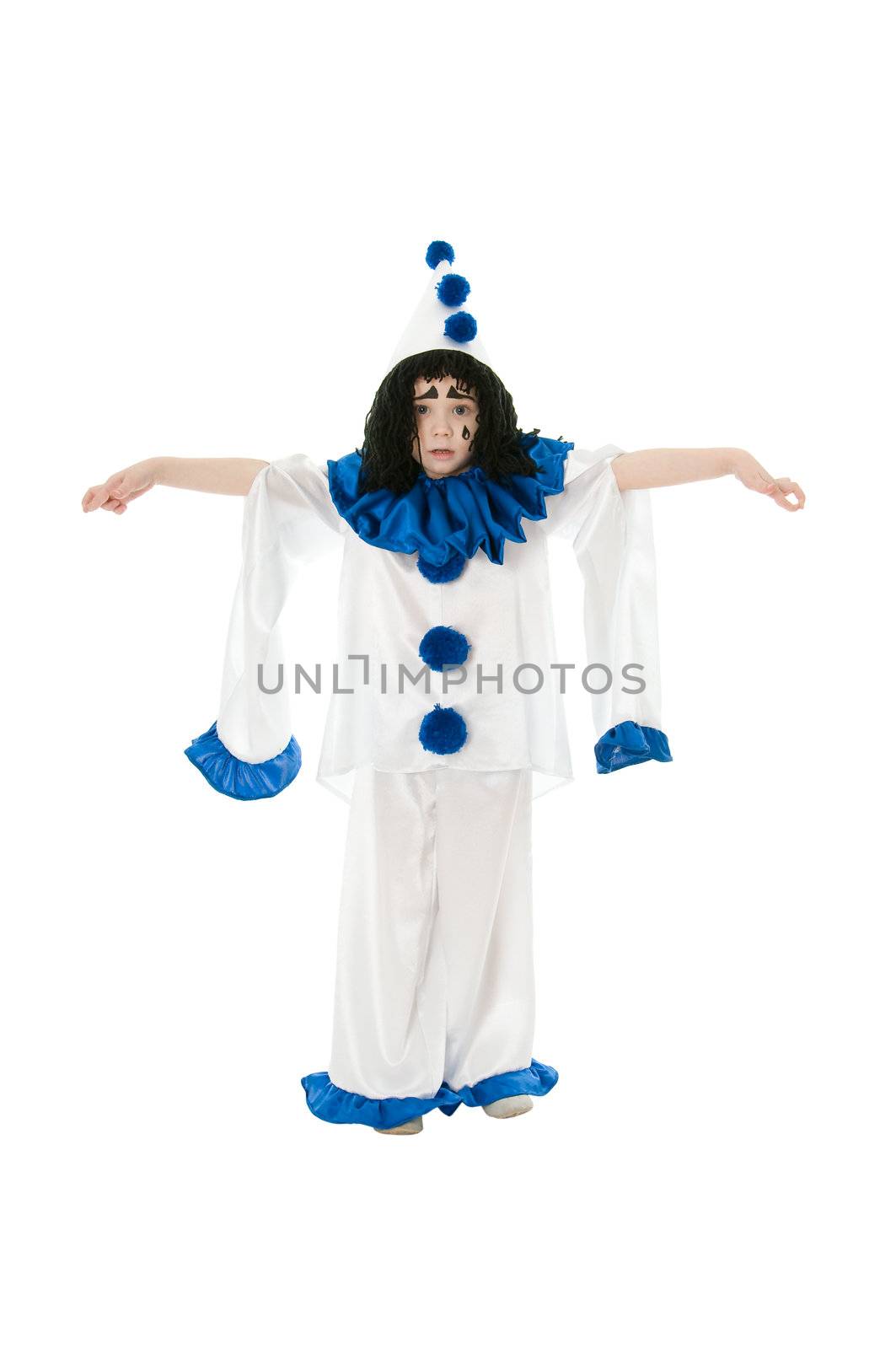 child in costume Pierrot  isolated on white background