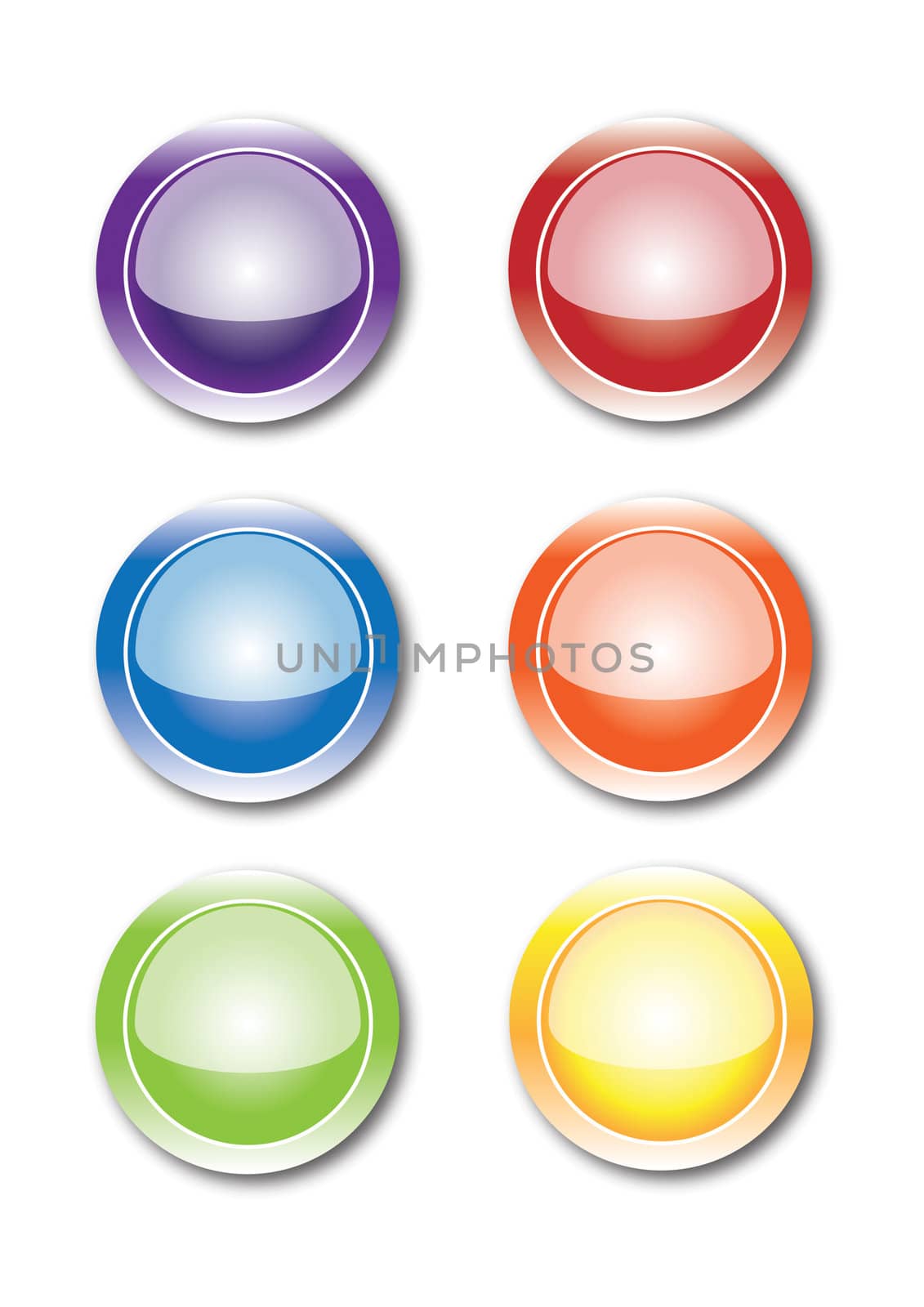 A set of six colorful illustrated glass buttons with a subtle drop shadow. Ideal for web or other uses.