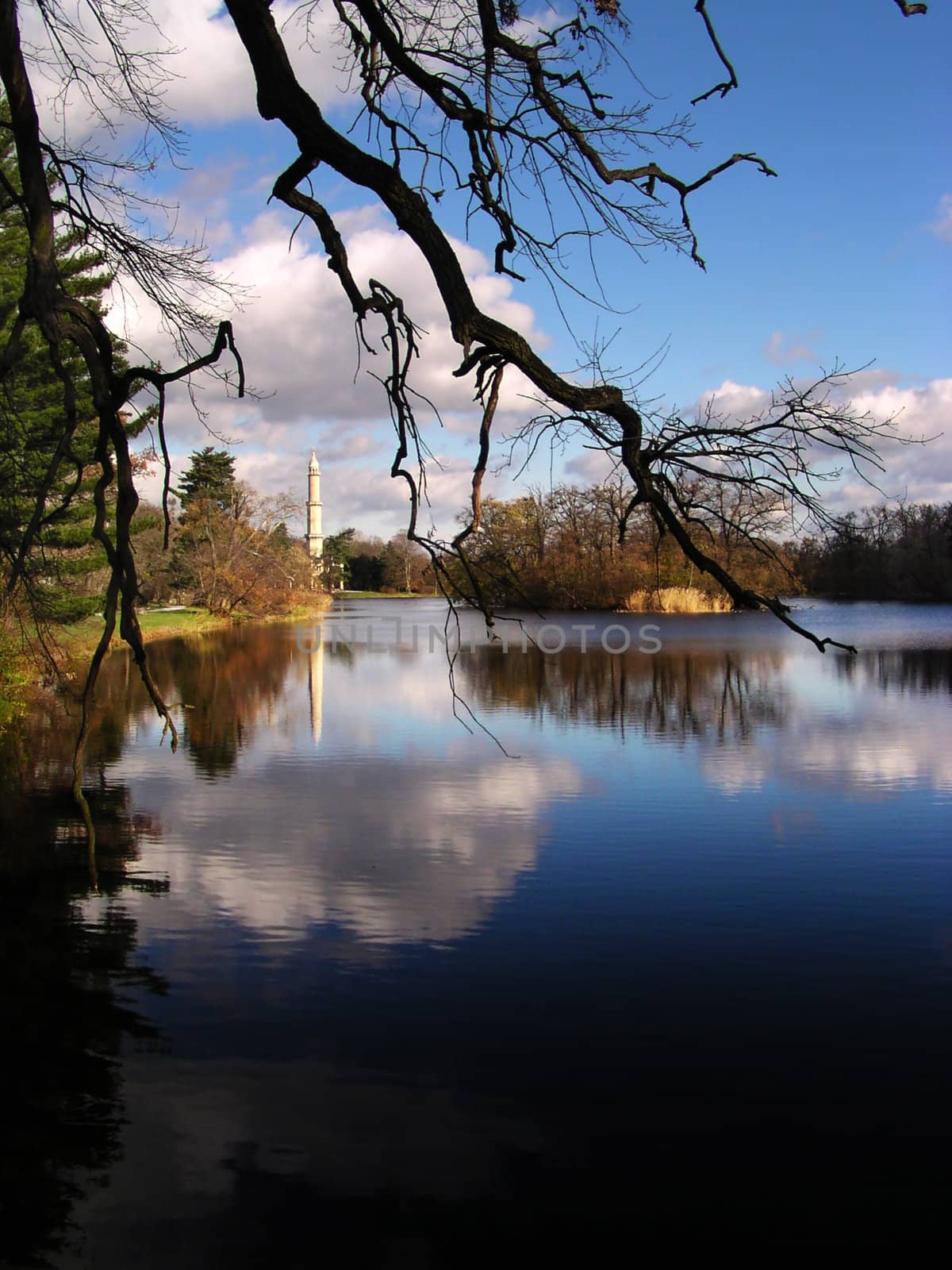 Minaret with the lake (Valtice in Czech Republic)