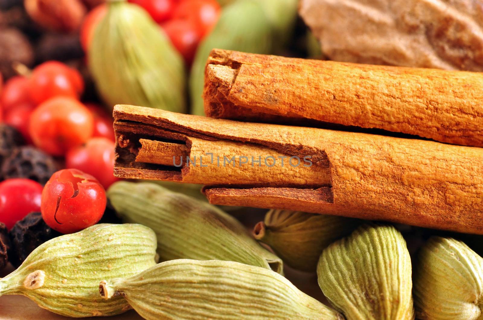 Food background: variety of whole spices for a recipe, cinnamon sticks, cardamons, pink peppers and nutmeg.
