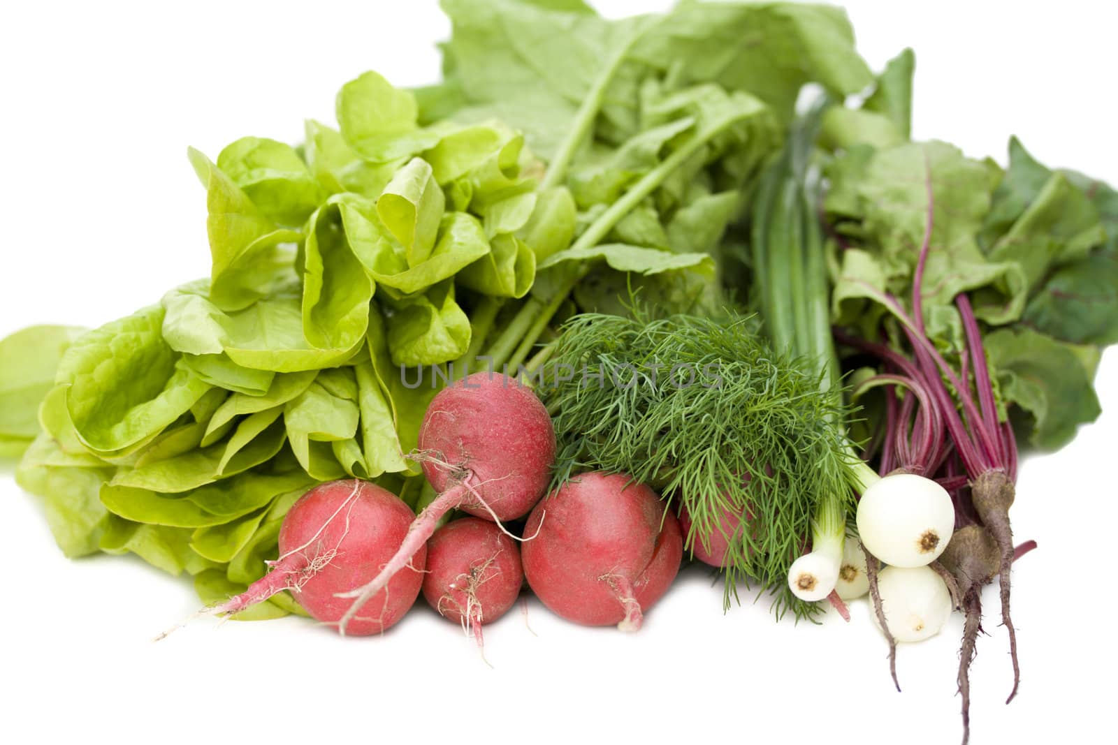 close-up heap of new vegetables, isolated on white