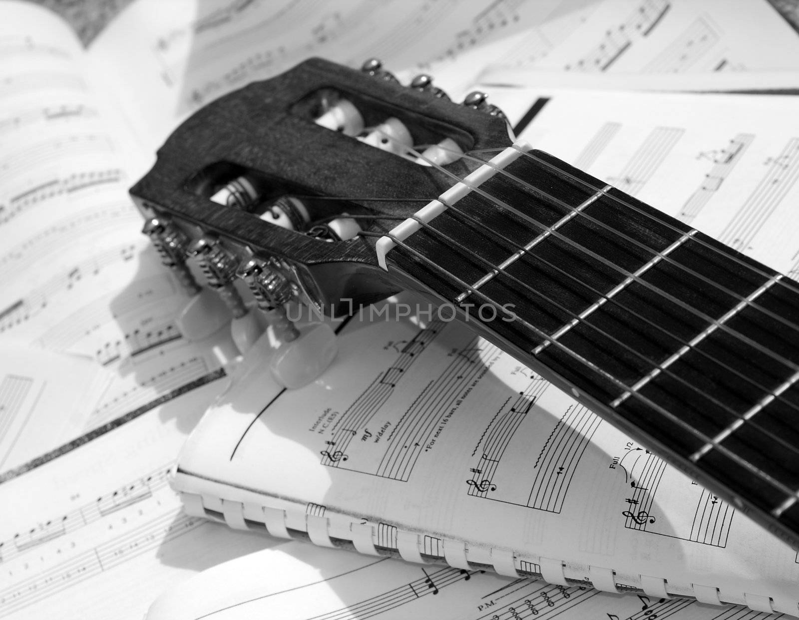 Acoustic guitar with sheet music in the background