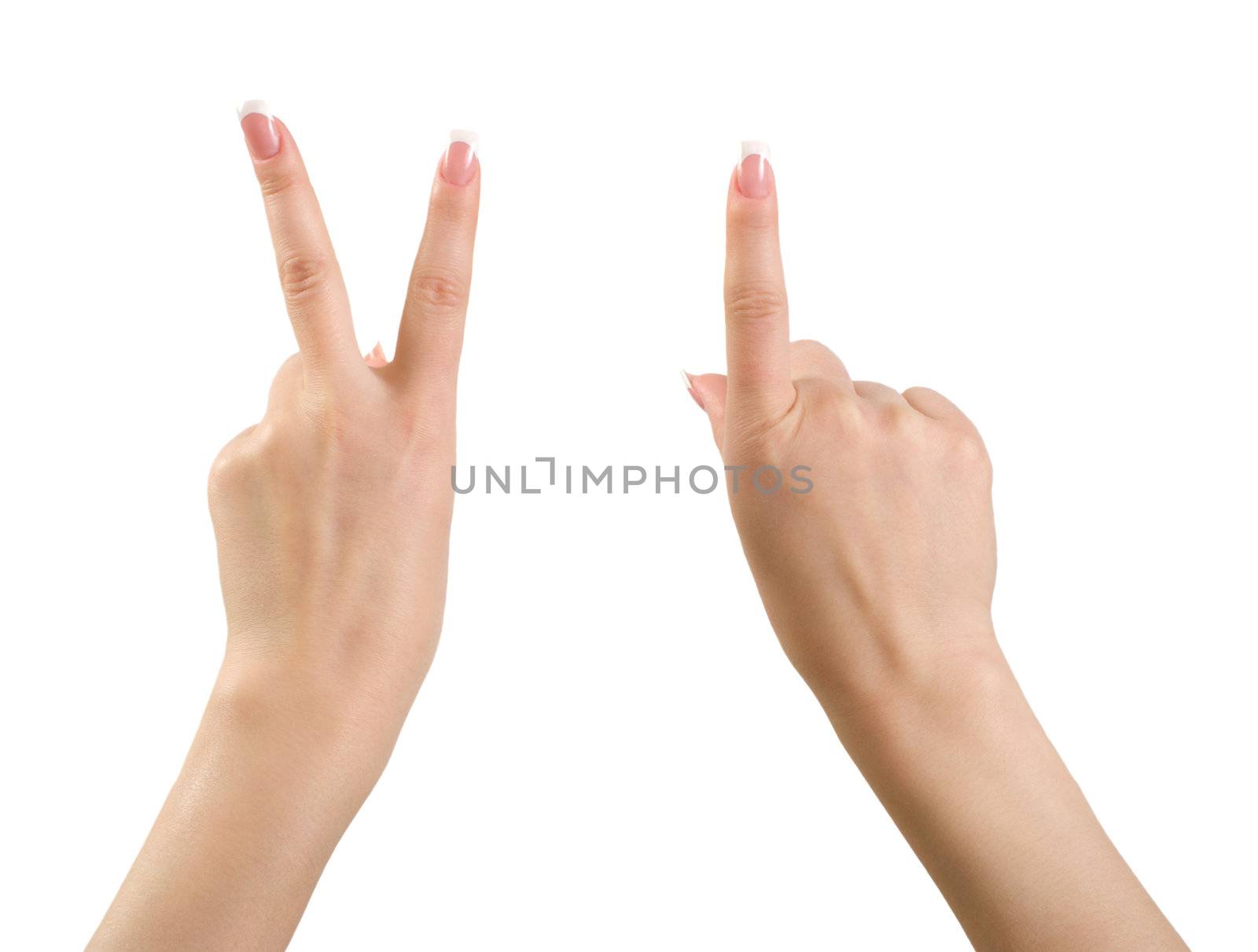 Female hands showing the victory sign and index finger, isolated on a white background.