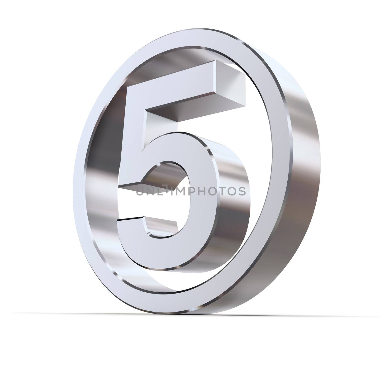 shiny 3d number 5 made of silver/chrome in a metallic circle