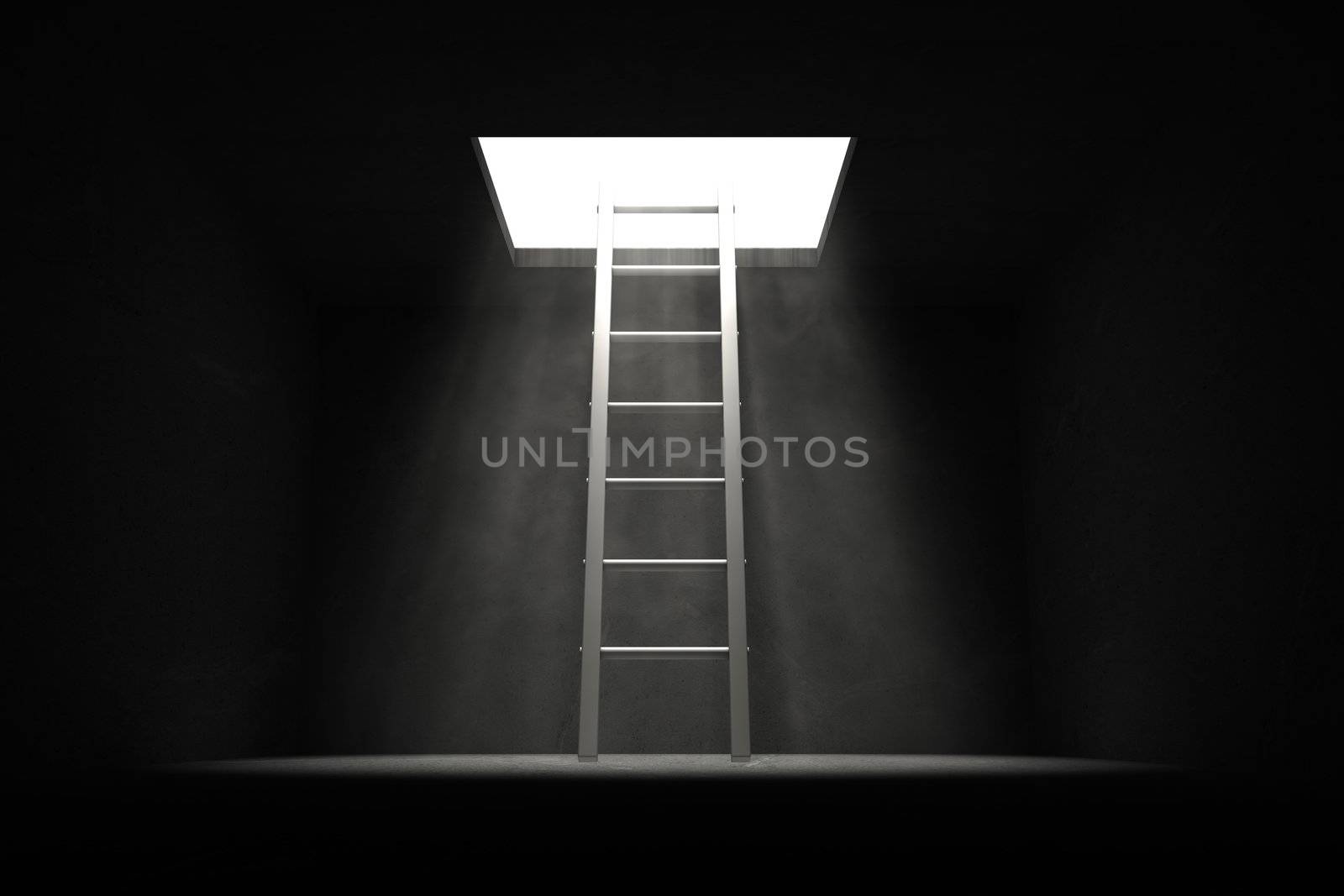 grey shiny ladder in the middle of a dark room leads out to the light