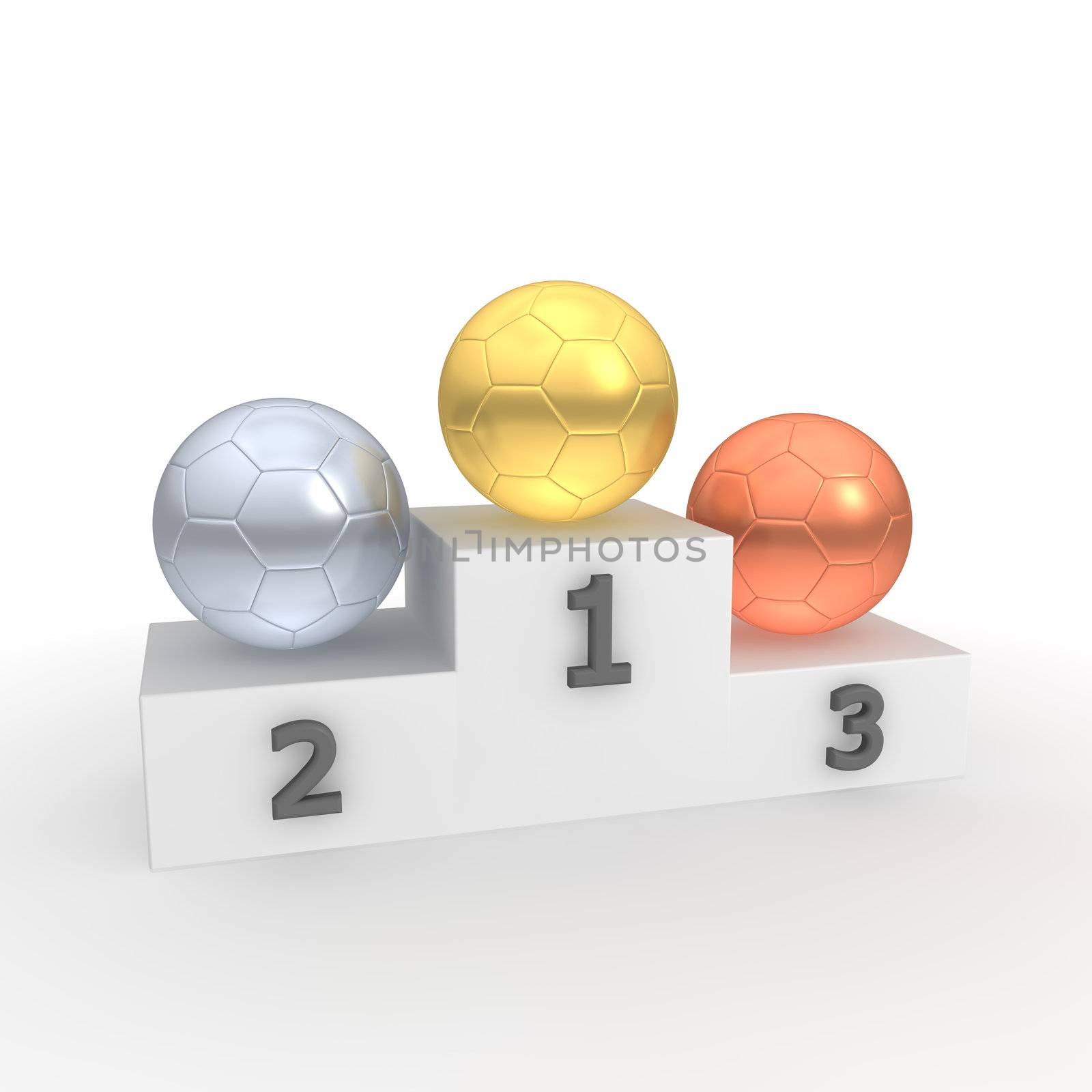 classic football / soccer balls of gold, silver, bronze on a white victory podium