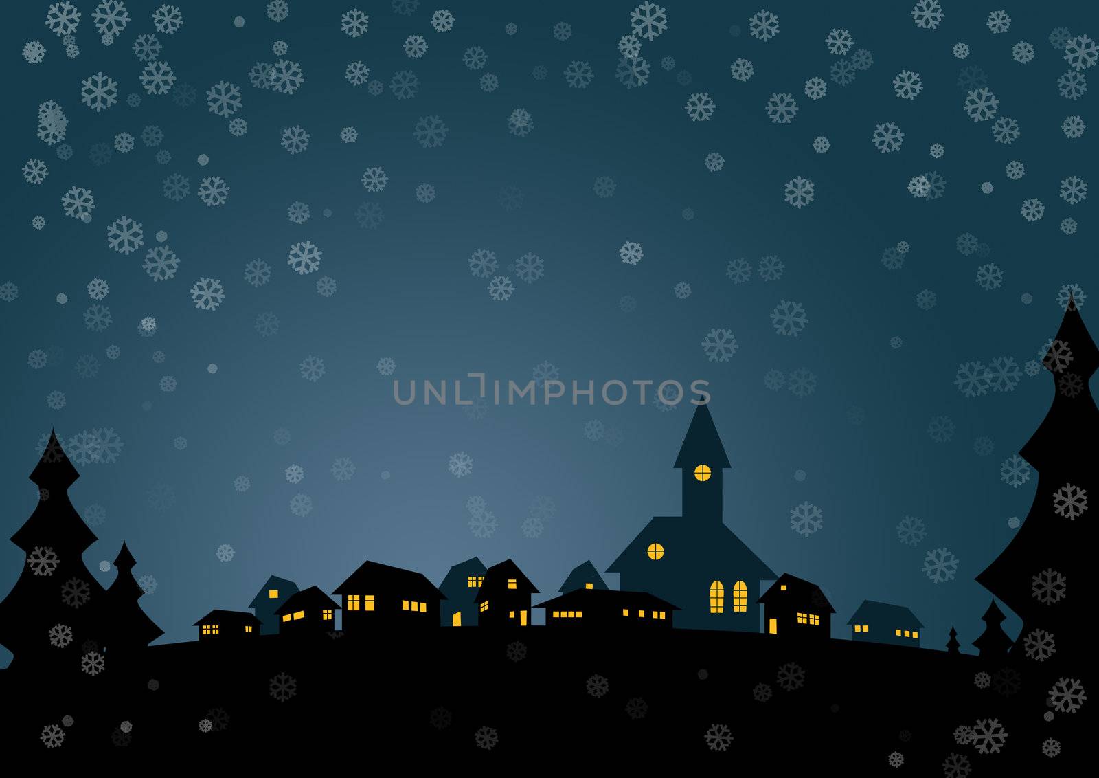 Nice christmas card with small village in night