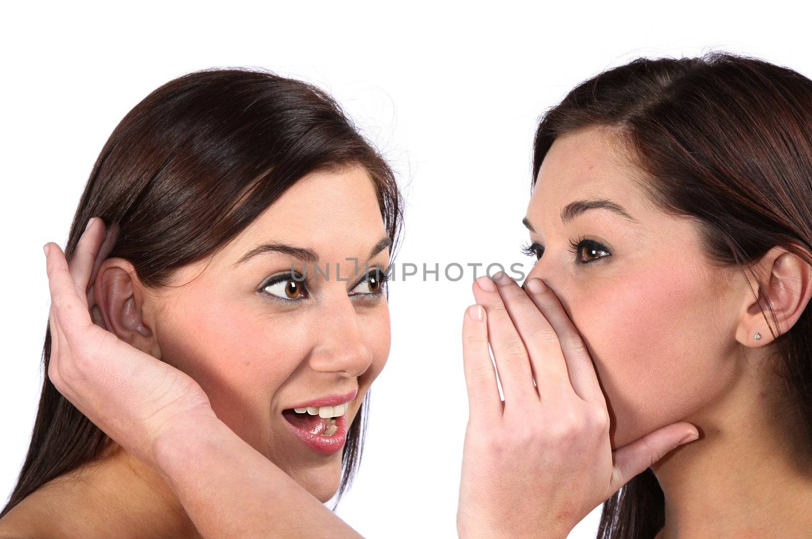 Two lovely brunette woman whispering a secret - isolated on white