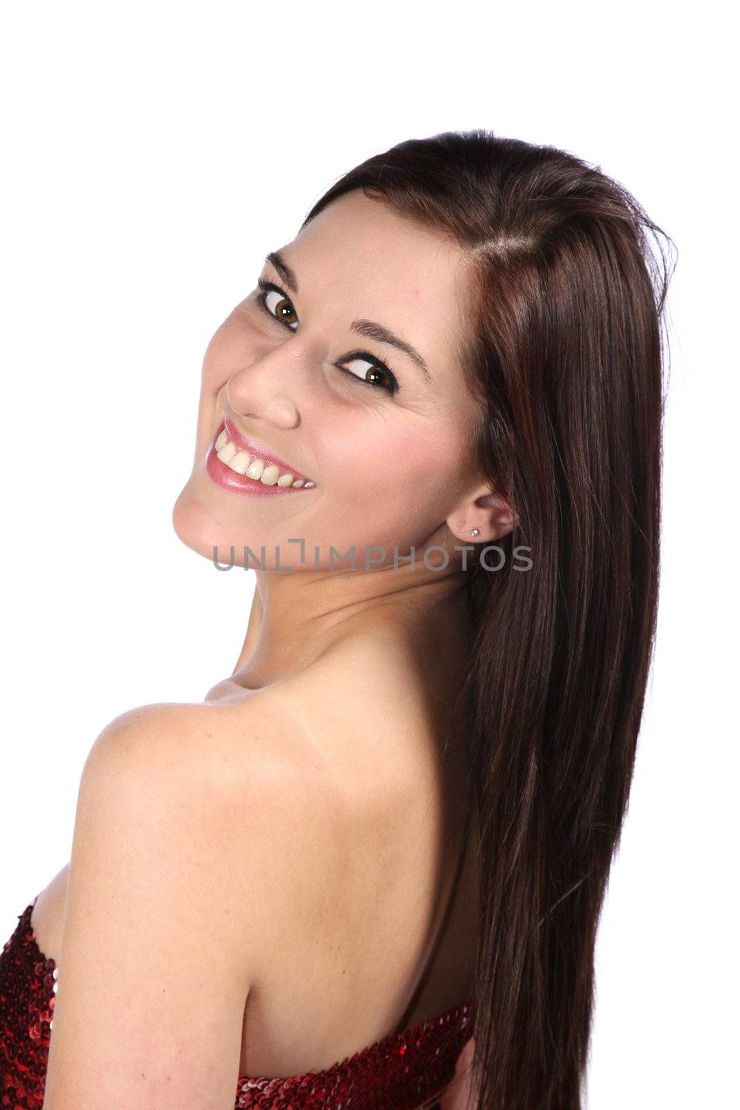 Lovely brunette smiling woman with long hair