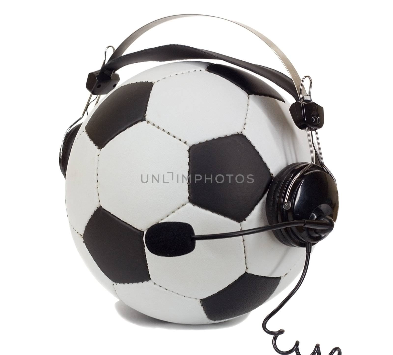 soccer concept, ball in headphones as commentator by Alekcey