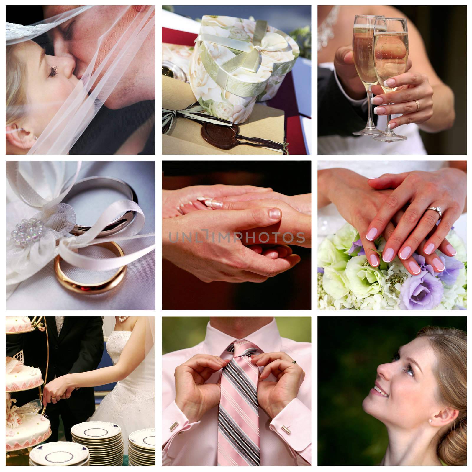 Collage of nine wedding photos by friday