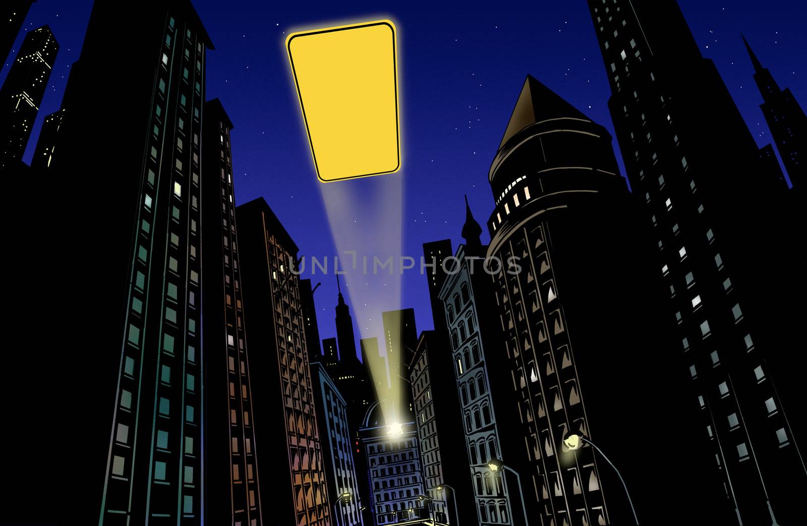 Illustration with city in the background at night with flash of light