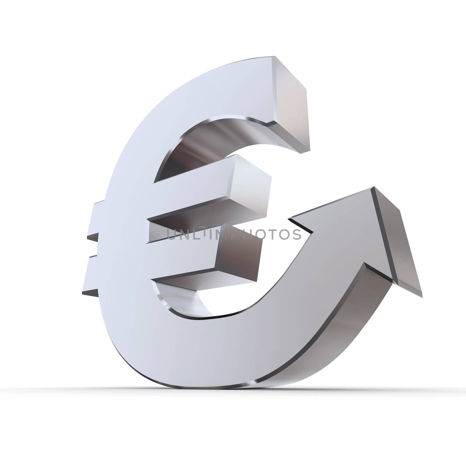 shiny silver metallic euro symbol with an arrow rising up