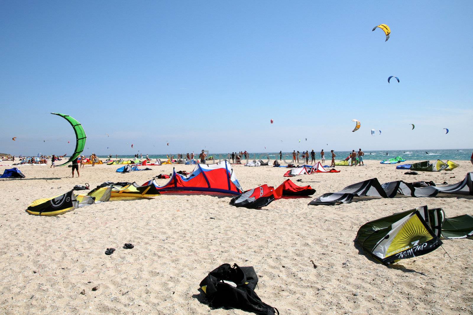 KiteSurf community and equipment on the beach of Tarifa in Spain