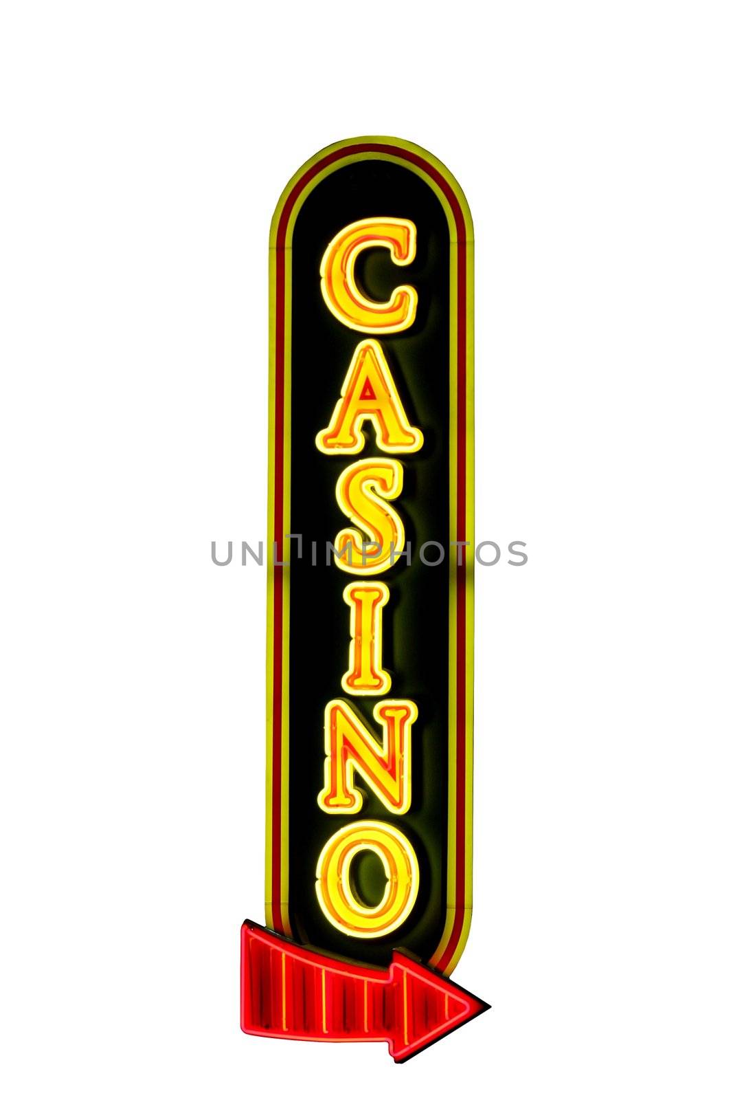 Casino sign with a red arrow in neon lights isolated on white
