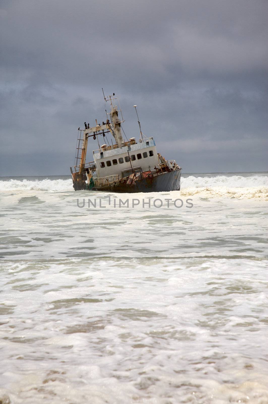 Fishing ship in danger on the beach in Swakopmund namibia