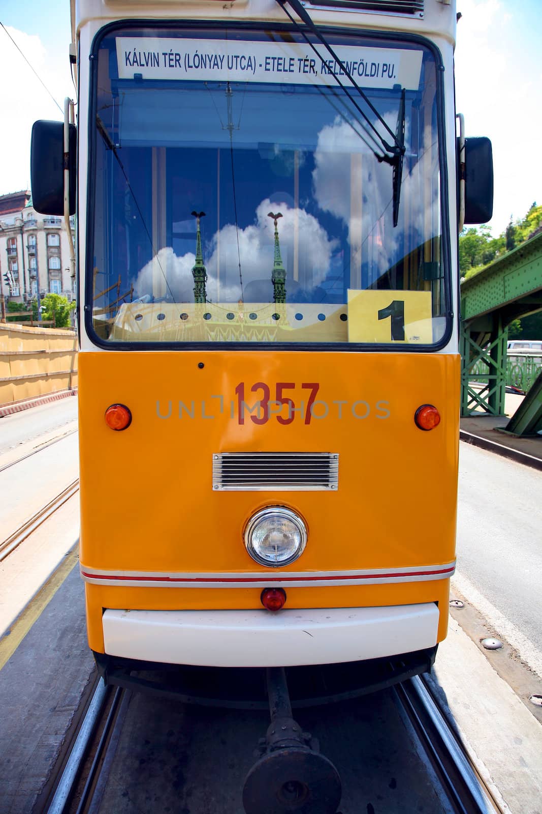 Yellow tramway in the city of Budapest