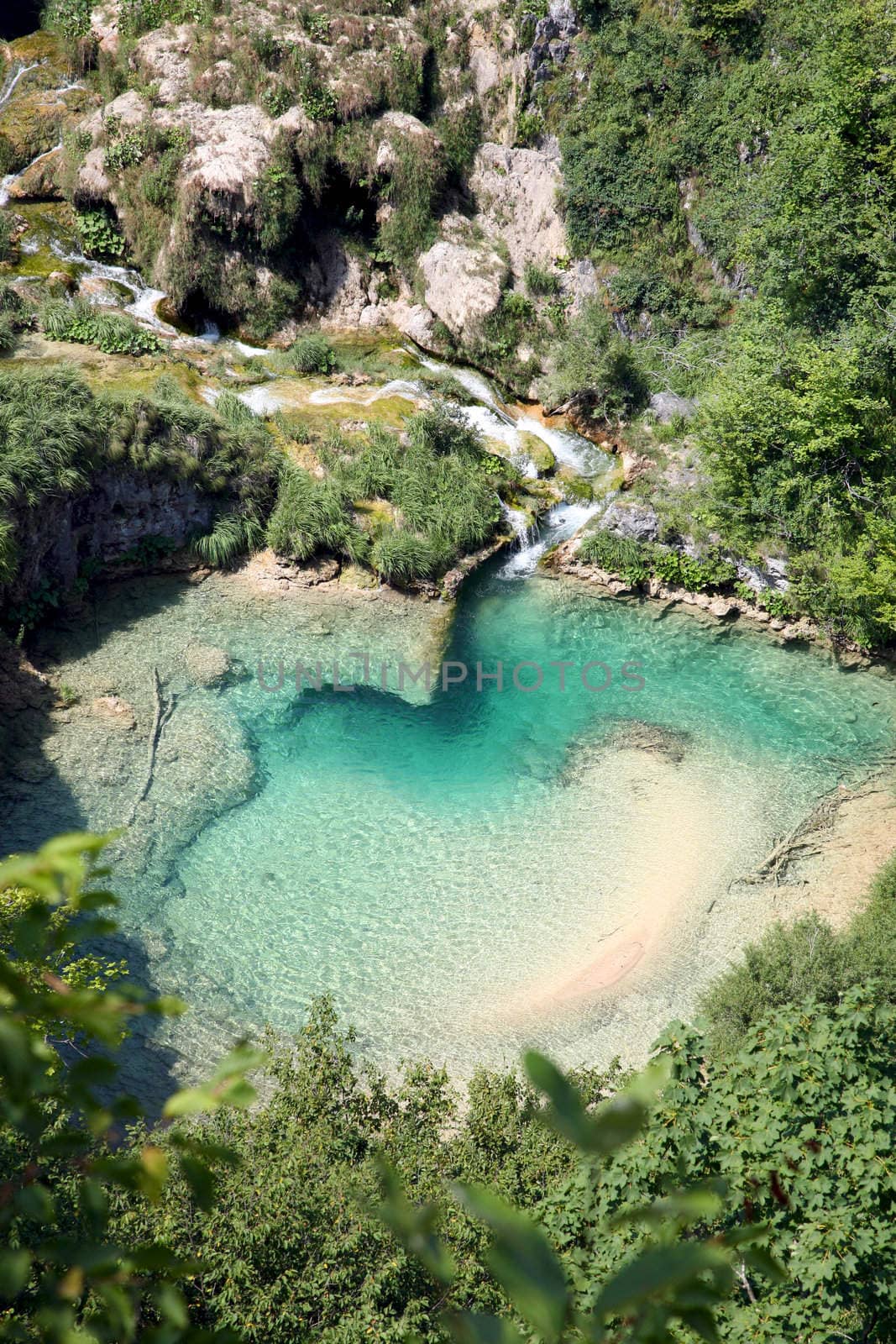 Aerial view of a lake in Plitvice, in the Plitvice Lakes municipality - mountainous region of Lika.