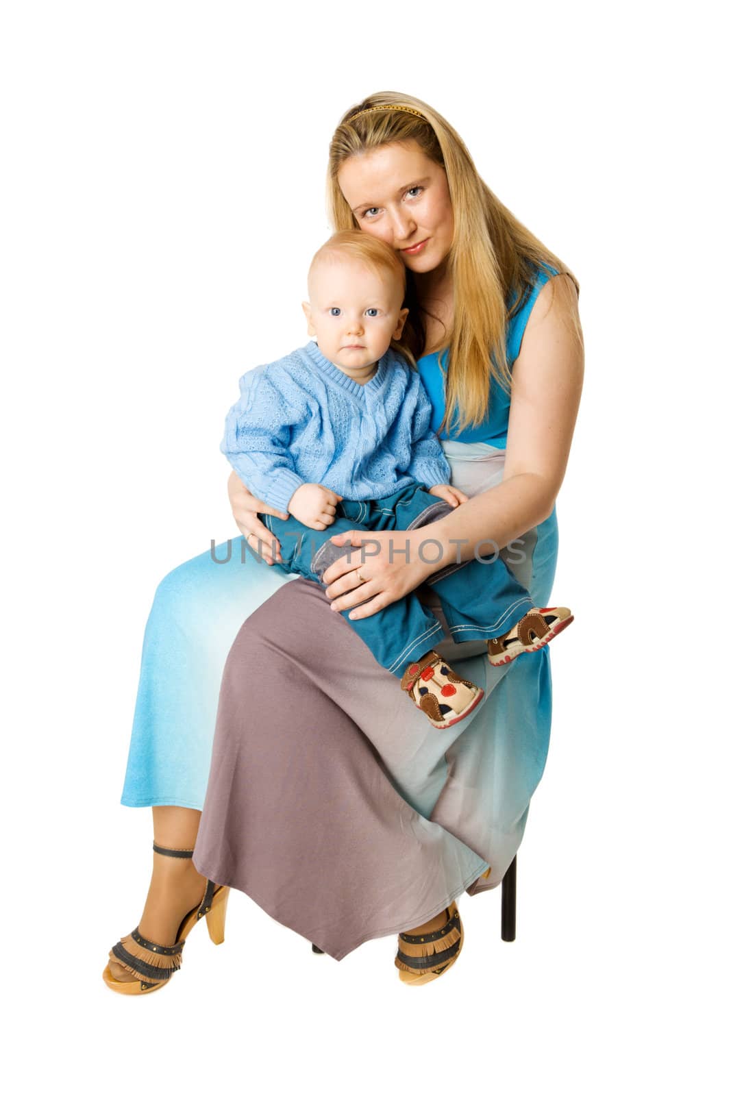 Happy Mother holding one year boy isolated on white