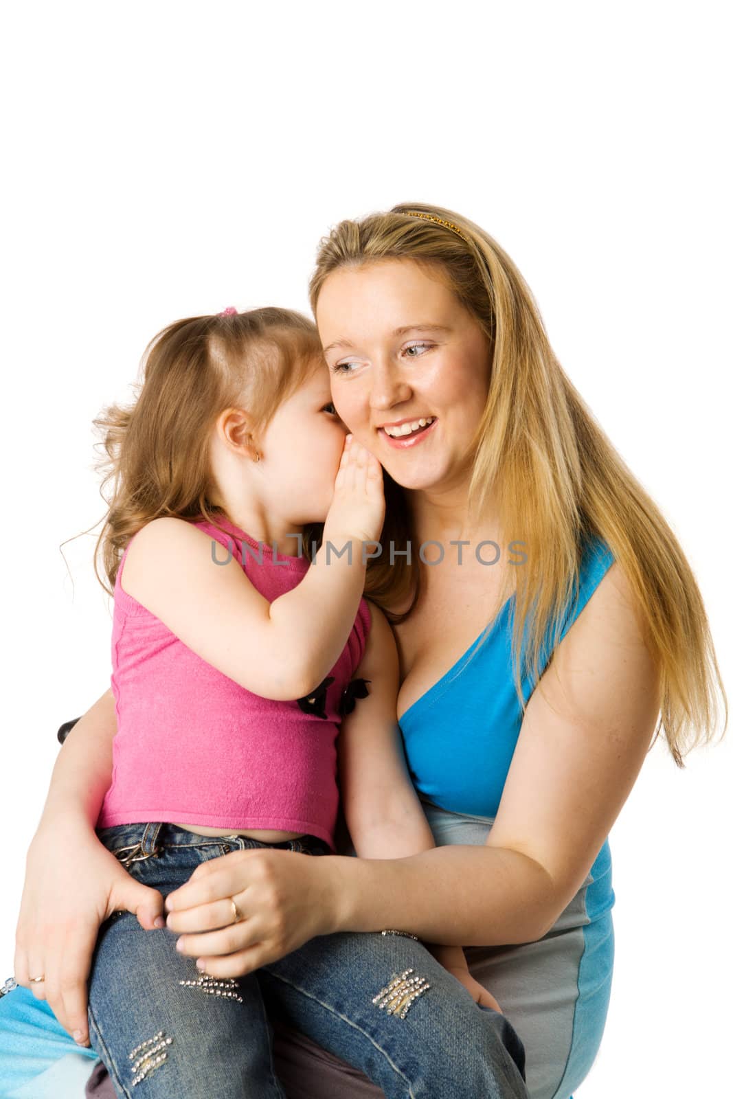 Daughter sharing secret with mother isolated on white