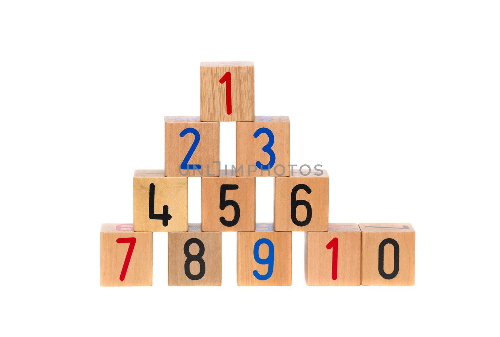 Wooden blocks with numbers on white background