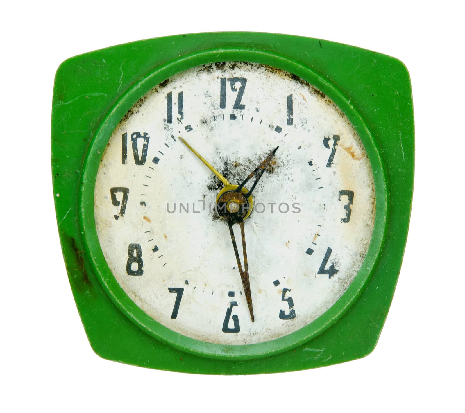 Old worn out clock. Retro vintage antique rusting.