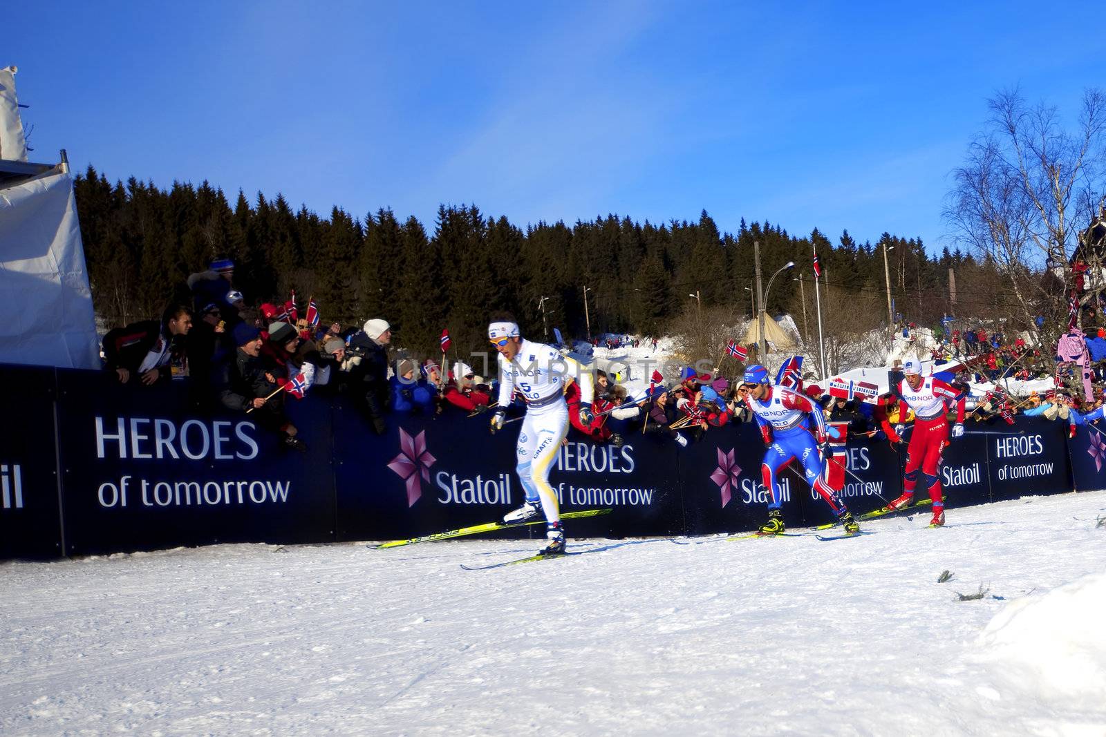 FIS Nordic World Ski Championship 50km. Marcus Hellner, Ilja Tsjernousov and Petter Northug jr, March 06 in Holmenkollen, Oslo, Norway