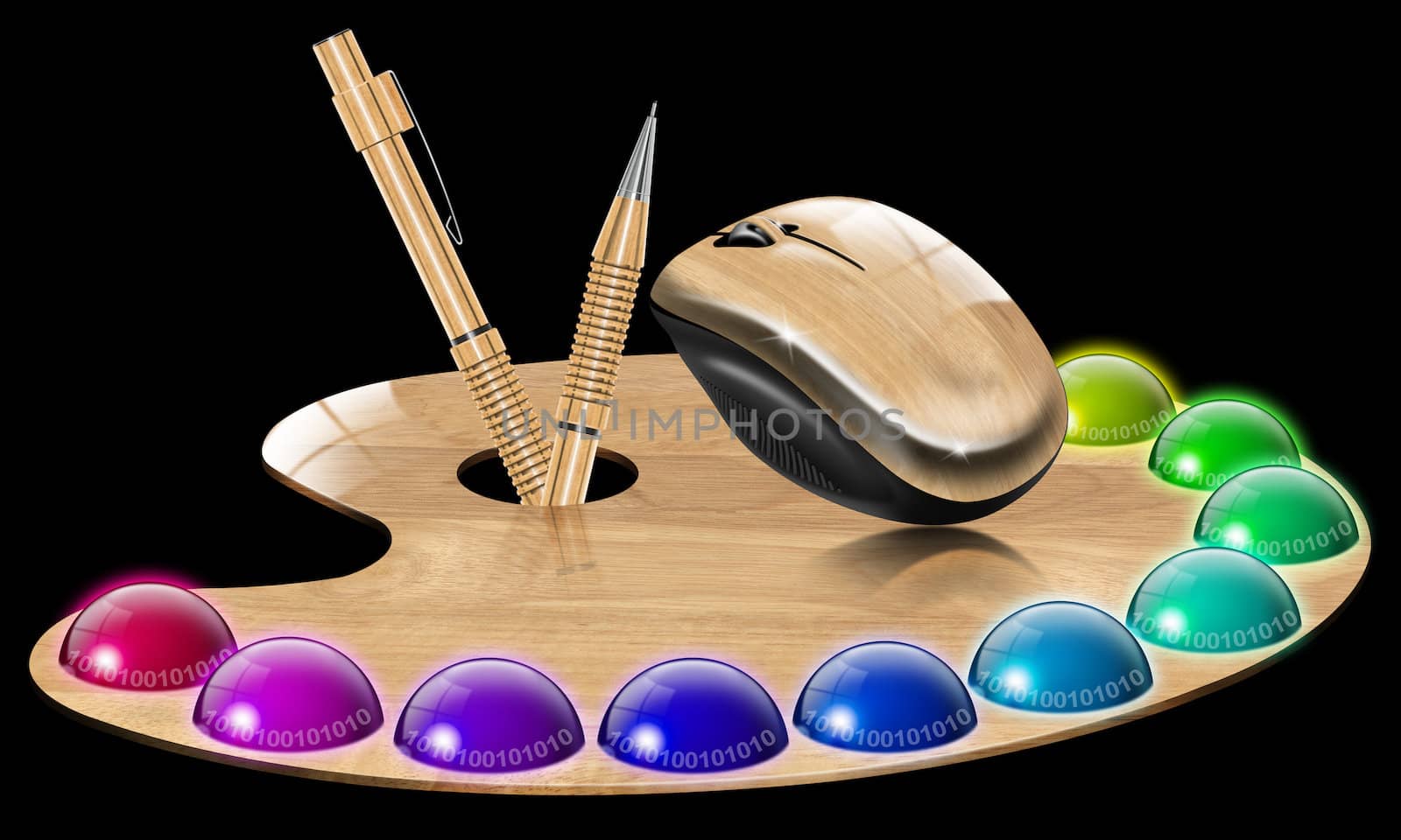 Illustration with a painter's palette of wood with multicolored balls, wood mouse and propelling pencils on black background