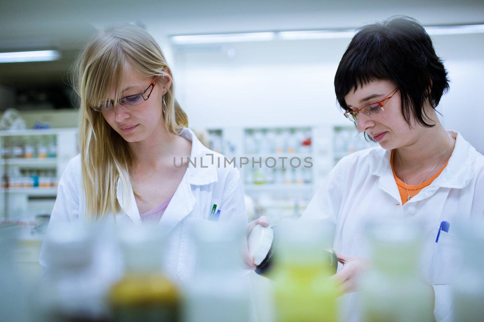 two female researchers in a chemistry lab (color toned image; shallow DOF)
