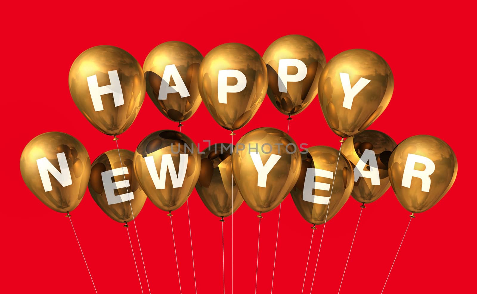 gold Happy new year balloons isolated on red