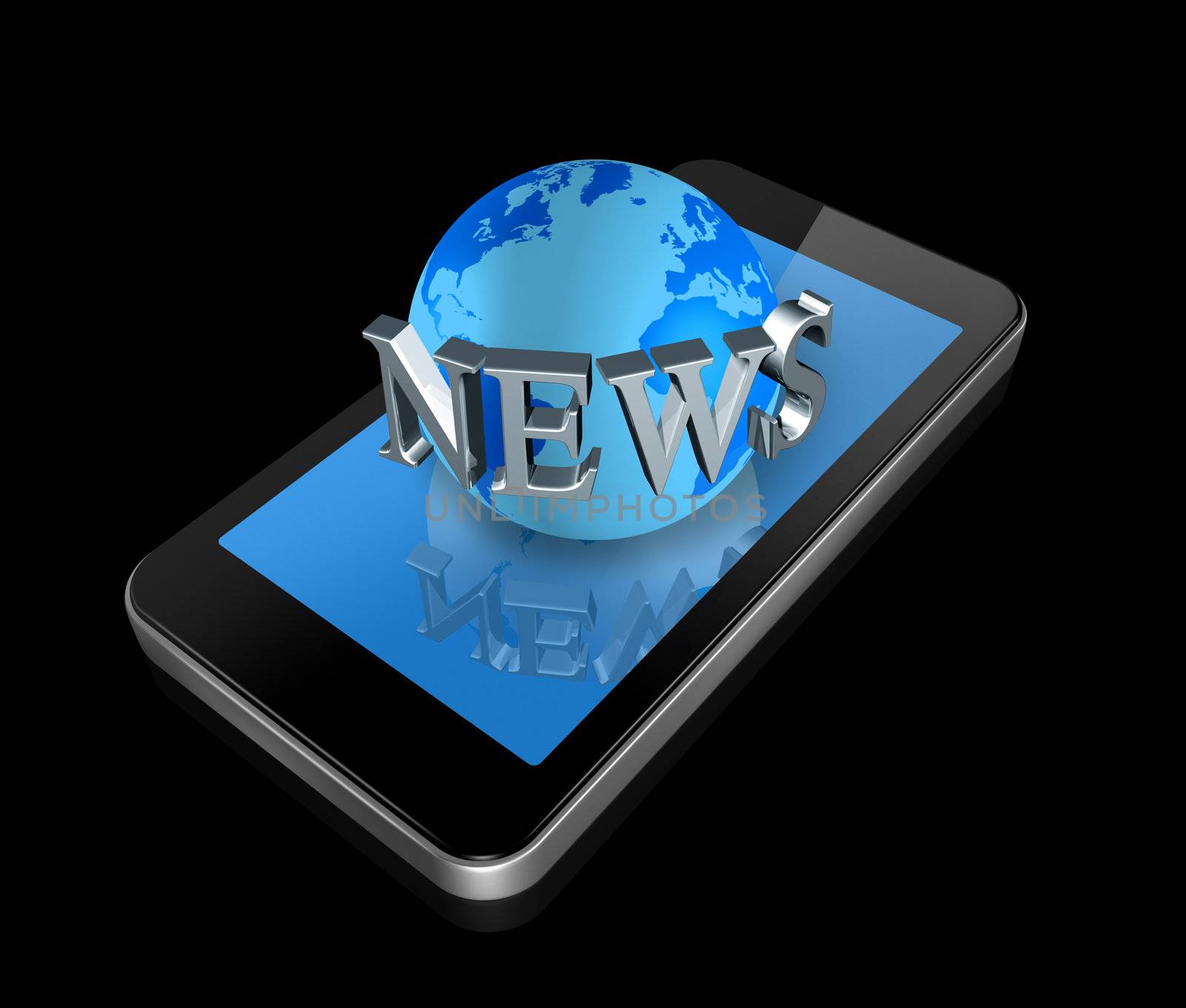 three dimensional mobile phone and news world globe isolated on black whith clipping path
