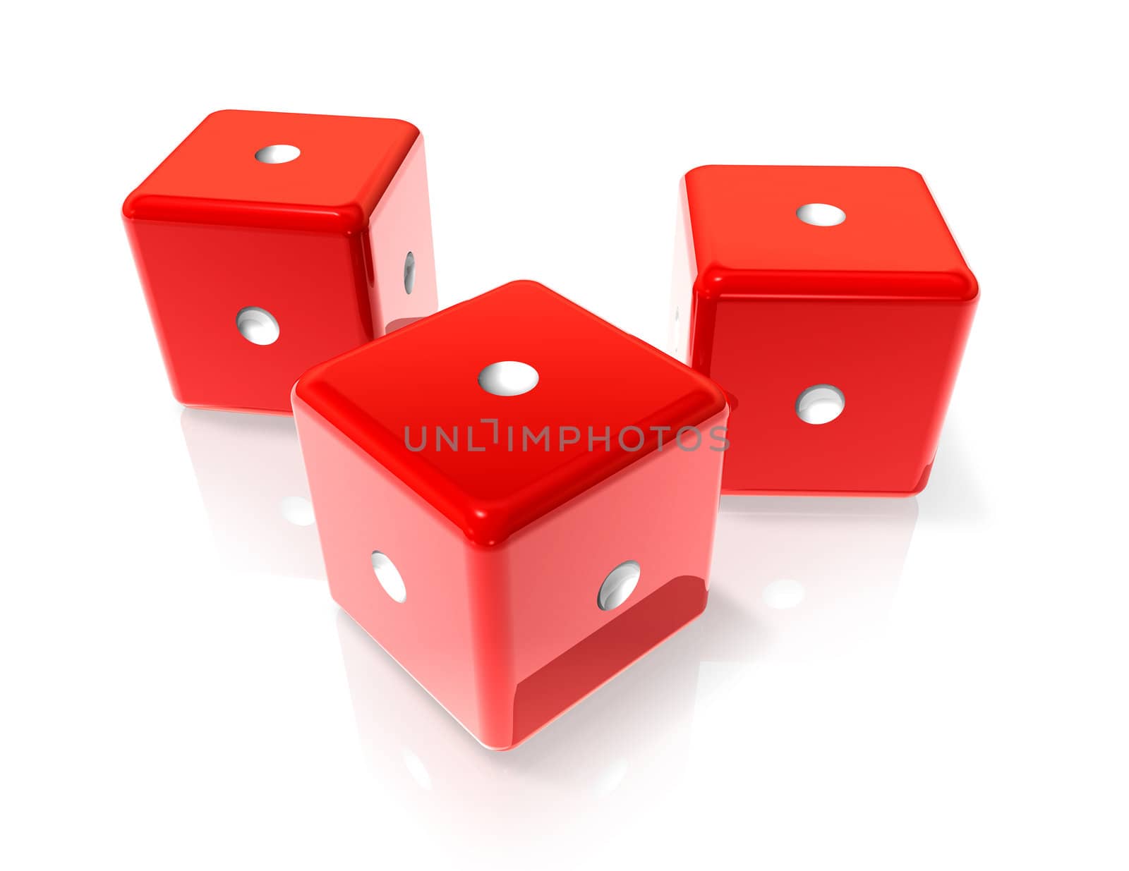 three 3D red dices with one dot on all sides