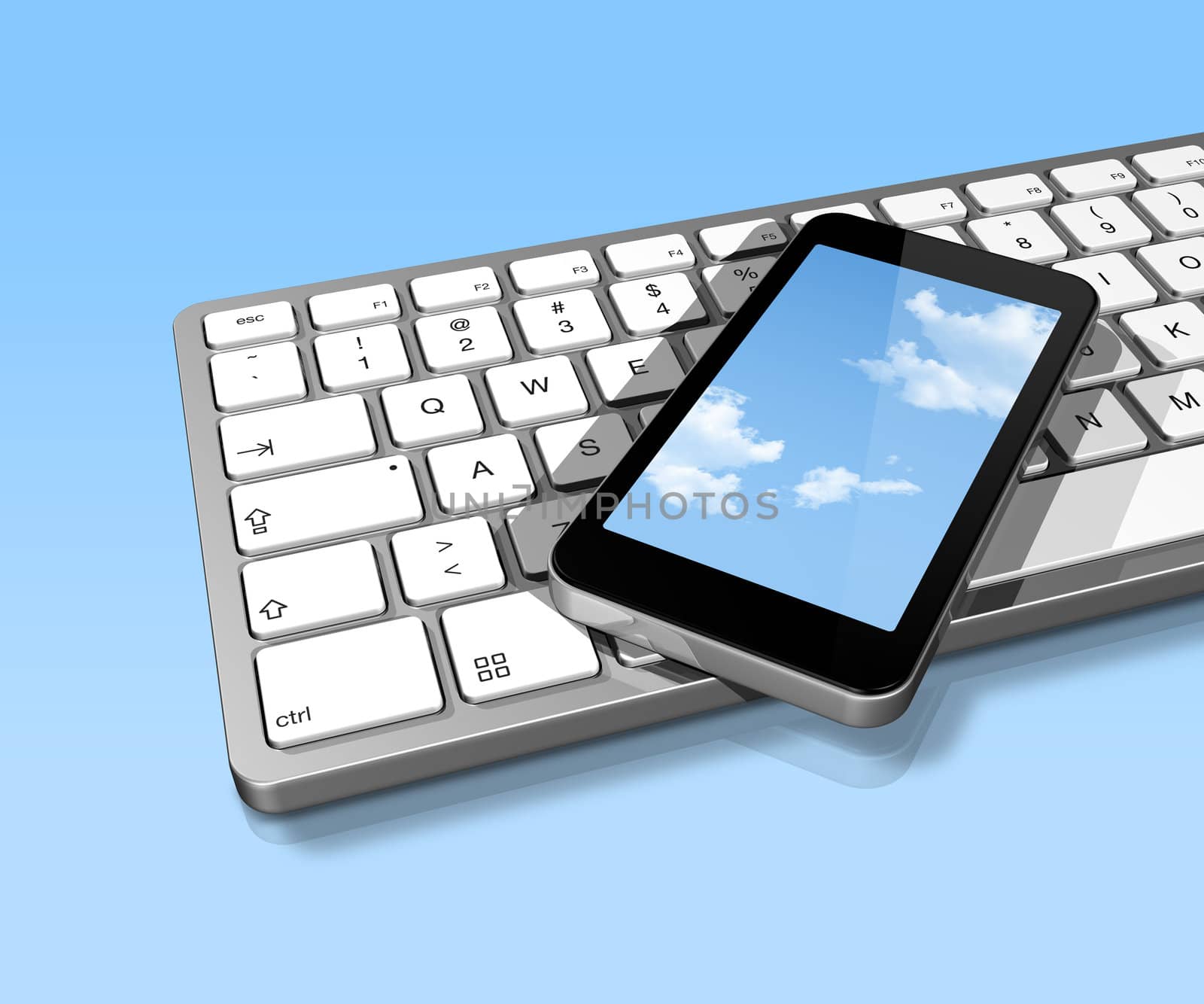 3D render of mobile phone with sky screen on a computer keyboard. Isolated on blue